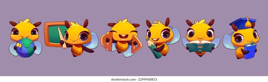 Una linda mascota feliz de la escuela de abejas con libros y lápiz. Educación infantil con abejas amarillas inteligentes apuntando a bordo y leyendo. Serie aislada con abejorro. Colección de iconos de graduación aceptable.