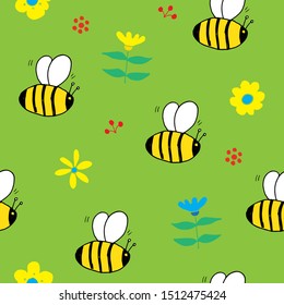 Cute Bee Seamless Pattern, Cartoon Hand Drawn honeybee Doodles Vector Illustration.