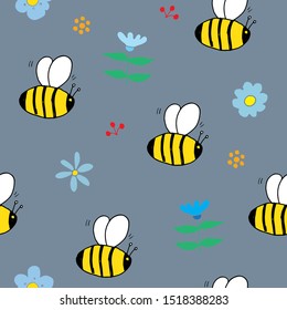 Cute Bee Seamless Pattern, Cartoon Hand Drawn honeybee Doodles Vector Illustration.