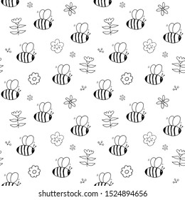 Cute Bee Seamless Pattern, Cartoon Hand Drawn honeybee Doodles Vector Illustration.