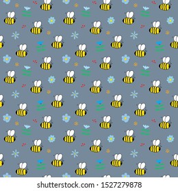 Cute Bee Seamless Pattern, Cartoon Hand Drawn honeybee Doodles Vector Illustration.