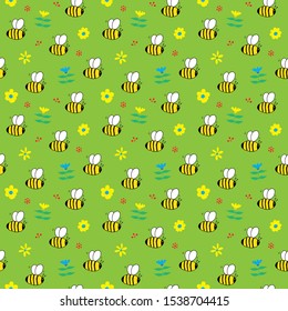 Cute Bee Seamless Pattern, Cartoon Hand Drawn honeybee Doodles Vector Illustration.