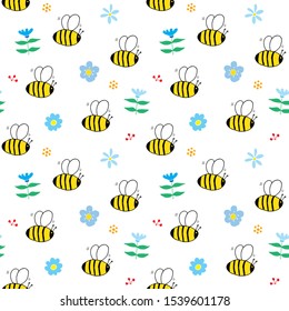 Cute Bee Seamless Pattern, Cartoon Hand Drawn honeybee Doodles Vector Illustration.