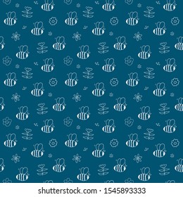 Cute Bee Seamless Pattern, Cartoon Hand Drawn honeybee Doodles Vector Illustration.
