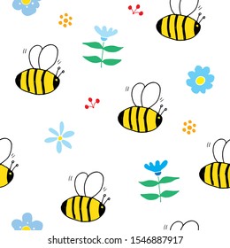 Cute Bee Seamless Pattern, Cartoon Hand Drawn honeybee Doodles Vector Illustration.