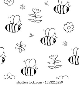 Patrón de abejas sin problemas, Dibujo a mano de caricatura Dibujo de un vector de Doodles de abeja.