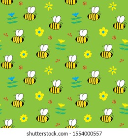 Cute Bee Seamless Pattern, Cartoon Hand Drawn honeybee Doodles Vector Illustration.