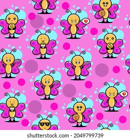Cute Bee Seamless Pattern, Cartoon Vector Illustration, Isolated Background