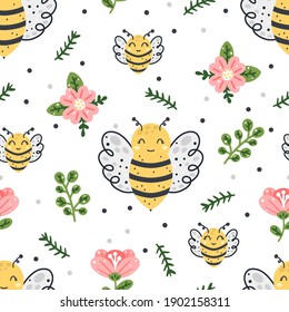 Patrón de abejas sin fisuras con elementos florales y puntos abstractos aislados en fondo blanco. Ilustración vectorial de estilo escandinavo dibujada a mano.