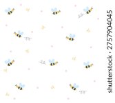 Cute bee seamless pattern. Minimal cartoon bees on clean white background. Simple nature style. Seamless vector decorative pattern.