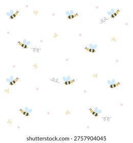 Cute bee seamless pattern. Minimal cartoon bees on clean white background. Simple nature style. Seamless vector decorative pattern.