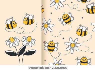 Cute bee seamless pattern. Repeating design element for printing on wrapping paper. Adorable insect characters and flowers for childrens, greeting or invitation card. Cartoon flat vector illustration