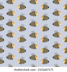 Cute Bee. Seamless Pattern. Vector Illustration.Wallpaper Design, Wrapping Paper,kids Textile Design. Gray And Yellow Background. Flight Of Bee.