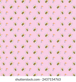 Cute Bee Seamless Pattern. Vector Illustration. 