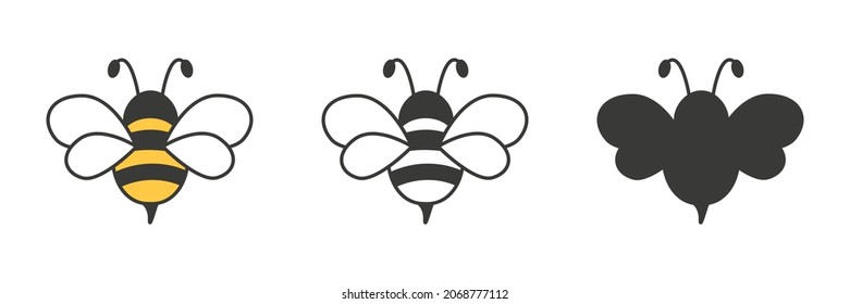 Cute bee set. Color, black and white, silhouette bee collection. Vector illustration for drawing.