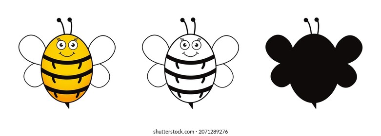 Cute bee set. Color, black and white, silhouette bee collection. Vector illustration for drawing.