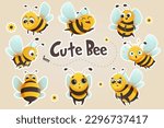 Cute bee set. A flat cartoon design featuring a set of cute bees in various poses and expressions. Vector illustration.