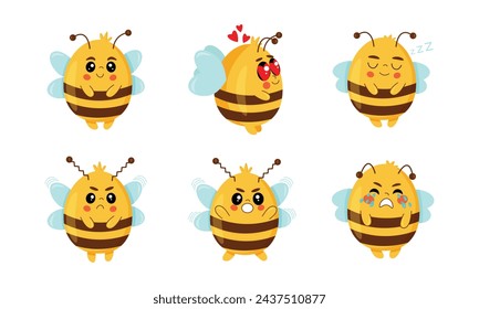 Lindo juego de abejas. Un diseño plano de dibujos animados con un conjunto de abejas lindas en diversas expresiones. Ilustración vectorial.