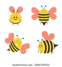 Cute bee set. Funny cartoon honeybee characters with pink wings. 