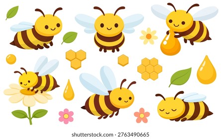 Cute Bee Set Honey Insects Flying Bees Collection Honeycomb Flowers Spring Nature Concept
