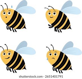 Cute Bee Set with Various Emotions – Happy, Sad, Excited, Disappointed
