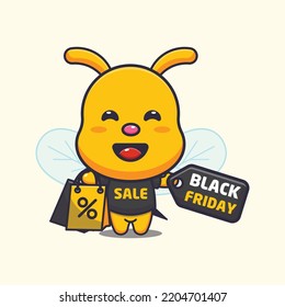 cute bee with shopping bag in black friday cartoon illustration