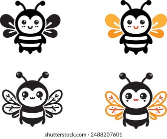 Cute Bee silhouette black vector flat illustration on transparent white background