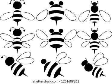 Cute bee silhouette set