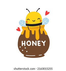 A cute bee is sitting in a honey pot. Vector illustration