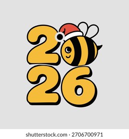 Süße Biene sitzt auf 2026 Text mit Weihnachtsmütze Vektor