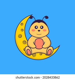 Cute bee is sitting on the moon. Animal cartoon concept isolated. Can used for t-shirt, greeting card, invitation card or mascot.