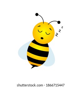 Cute bee sleeping. Cartoon animal character. Bumble bee sleep. Vector illustration isolated on white.