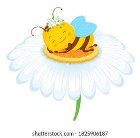 Cute bee sleeping on a camomile. Children s illustration. Isolated on a white background. Cartoon style