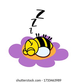 Cute bee sleeping on a flower, with zzz text. Doodle style vector illustration. Cute little hand drawn Bumblebee sketch illustration. Happy fat baby bee sleeping in a flower. Bee doodl. Print art.