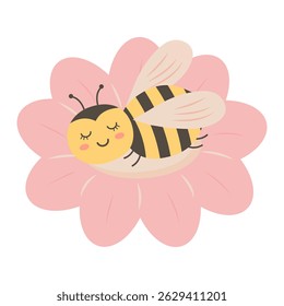 Cute bee sleeps on a flower. Vector illustration isolated on white background.