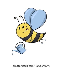 Cute bee with a small watering can, bee watering plants, vector illustration in cartoon style on a white background