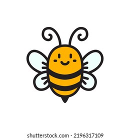 Cute Bee With Smile. Cartoon Bumblebee Sticker. Funny Queen Bee Icon. Honeybee. Vector Illustration Isolated On White Background