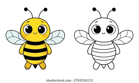 Cute Bee Smile Cartoon Coloring Page For Kids. Animal Coloring Book Printable Vector Illustration. illustration of a bee.