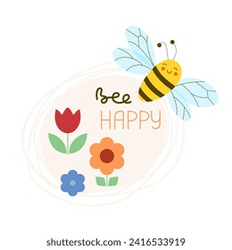 Cute bee with smile in flight over flower meadow. Vector greeting sticker illustration for Happy Birthday gift card.