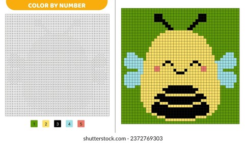 Cute bee squishmallow. Color by number. Pixel coloring book. Numbered squares. Game for kids. Pixel art. Isolated vector illustration eps 10