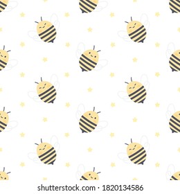 Cute bee and stars seamless background repeating pattern, wallpaper background, cute seamless pattern background