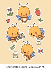 Colección de pegatina de abeja linda. Personaje de insecto divertido con flores de ramo de manzanilla y cubo de miel. Elementos aislados en estilo kawaii de dibujos animados. Ilustración vectorial 