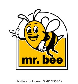 Cute Bee sticker vector design in cool yellow color. Trendy cute smile patch.