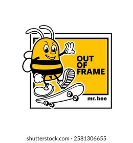 Cute Bee sticker vector design in cool yellow color. Trendy cute smile patch.