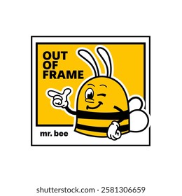 Cute Bee sticker vector design in cool yellow color. Trendy cute smile patch.