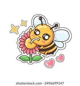 cute bee sucking flower nectar illustration. vector design of kawaii honey bee, sunflower, and heart. great for mascots, logos, stickers, t-shirts and more