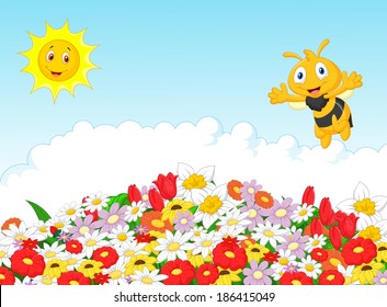 Cute bee with summer natural background