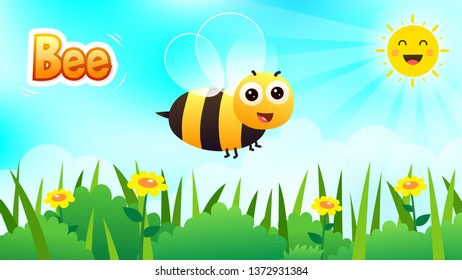 Cute Bee with Sun and Flowers