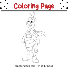 cute bee superhero cute mouse coloring page for kids. Black and white vector animals for coloring book