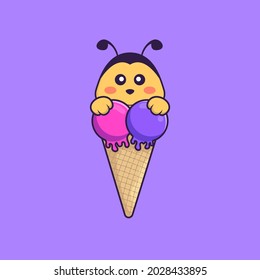 Cute bee with sweet ice cream. Animal cartoon concept isolated. Can used for t-shirt, greeting card, invitation card or mascot.